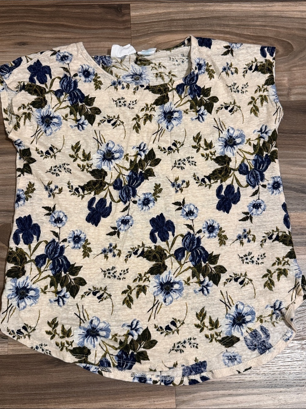 Cynthia Rowley Womens M 100% Linen Floral Crewneck Blouse Cream Boho